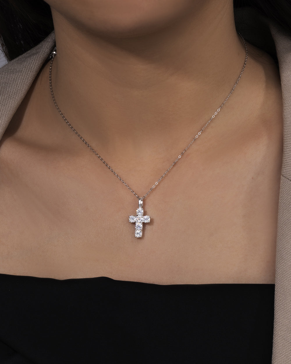 MOISSANITE MICRO CROSS PENDANT. - WHITE GOLD